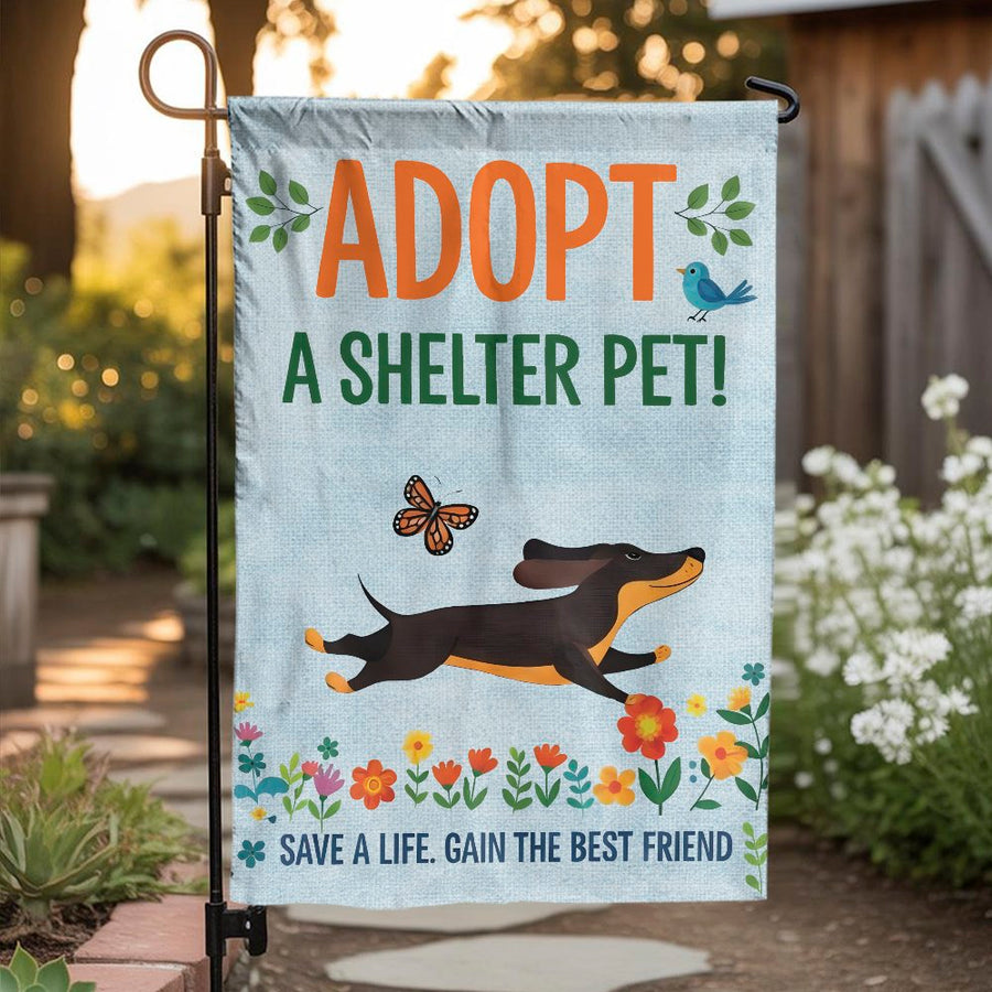 Adopt a Shelter Pet Garden Flag | Running Dachshund Dog Design | Weather-Resistant Polyester | Premium Yard Decor Gift for Animal Lovers