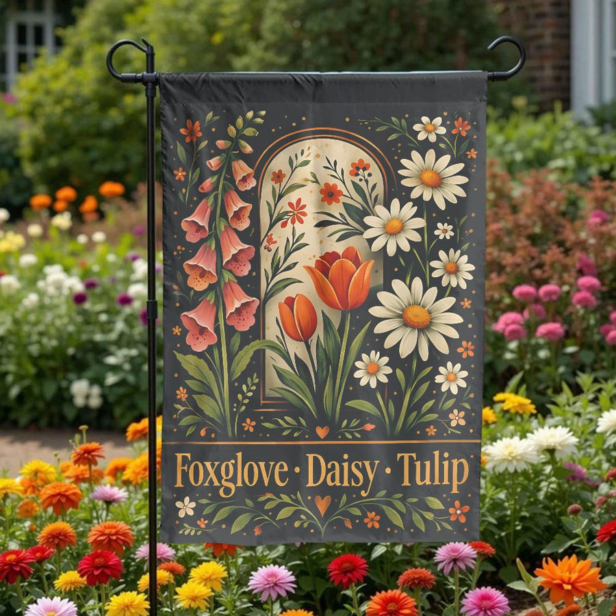 Vintage Floral Garden Flag | Foxglove Daisy Tulip Botanical Print | Double-Sided Weatherproof Banner | Outdoor Decor Gift for Gardeners