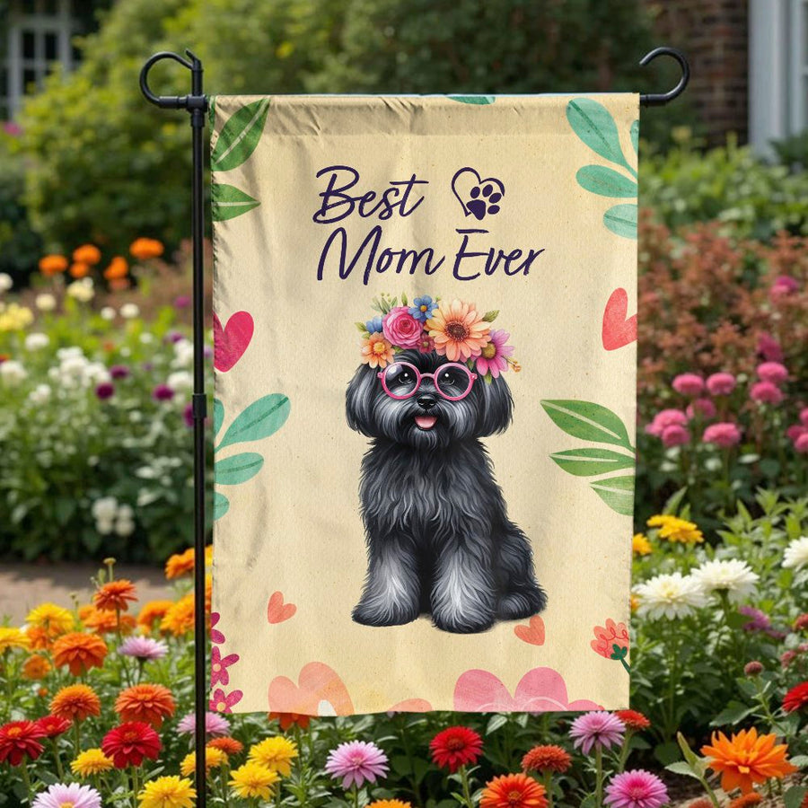 Dog Mom Garden Flag | Best Mom Ever with Cute Black Dog | Double Sided Polyester Yard Banner | Mother's Day Gift for Dog Lovers