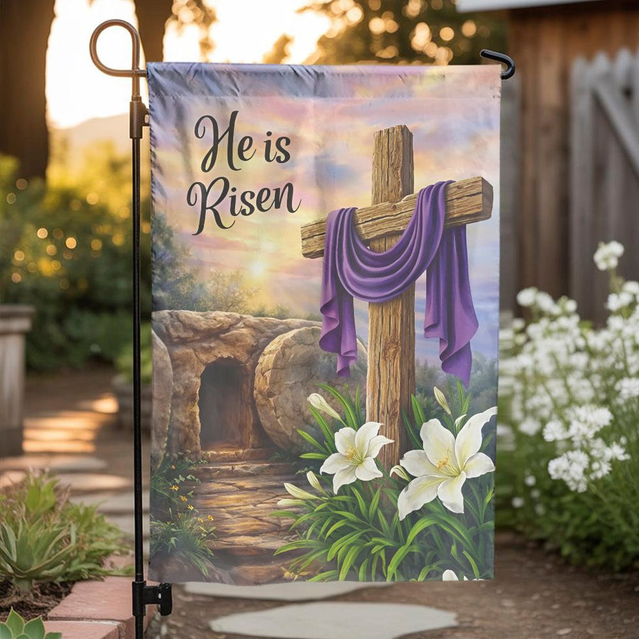 He is Risen Garden Flag | Christian Empty Tomb & Cross | Weather Resistant Double Sided | Religious Spring Yard Decor Gift