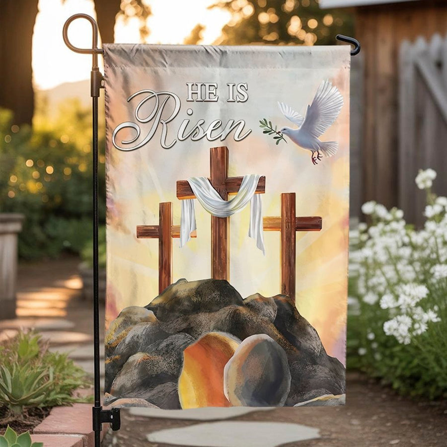 He Is Risen Easter Garden Flag | Christian Three Crosses Scene | Premium Weather-Resistant Fabric | Religious Faith-Based Yard Decor Gift