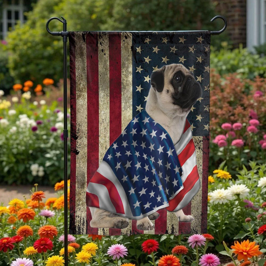 Patriotic Pug Garden Flag | Vintage American Flag Design | Weather Resistant Outdoor Decor | Gift for Pug Owner