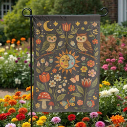 Celestial Owl Garden Flag | Vintage Folk Art Sun and Moon Design | Double Sided Weather-Resistant Polyester | Outdoor Yard Decor Gift for Nature Lovers