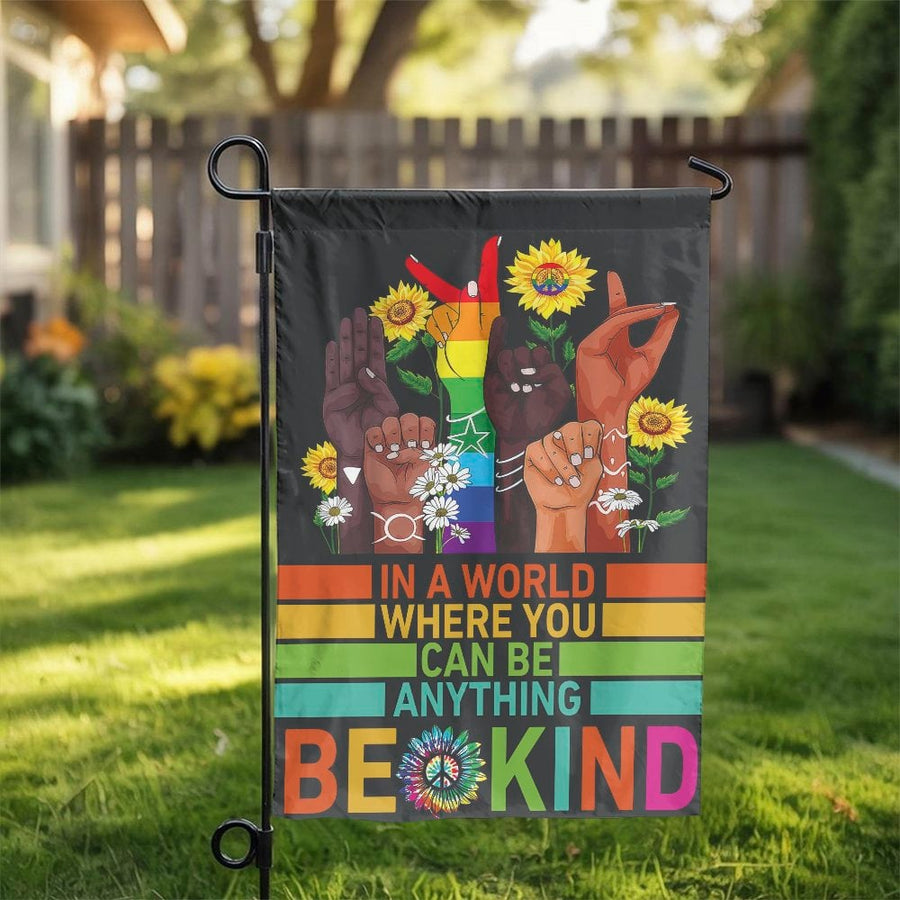 Be Kind Garden Flag | In A World Diversity Hands Art | Weather Resistant Polyester | Premium LGBTQ Ally Yard Decor