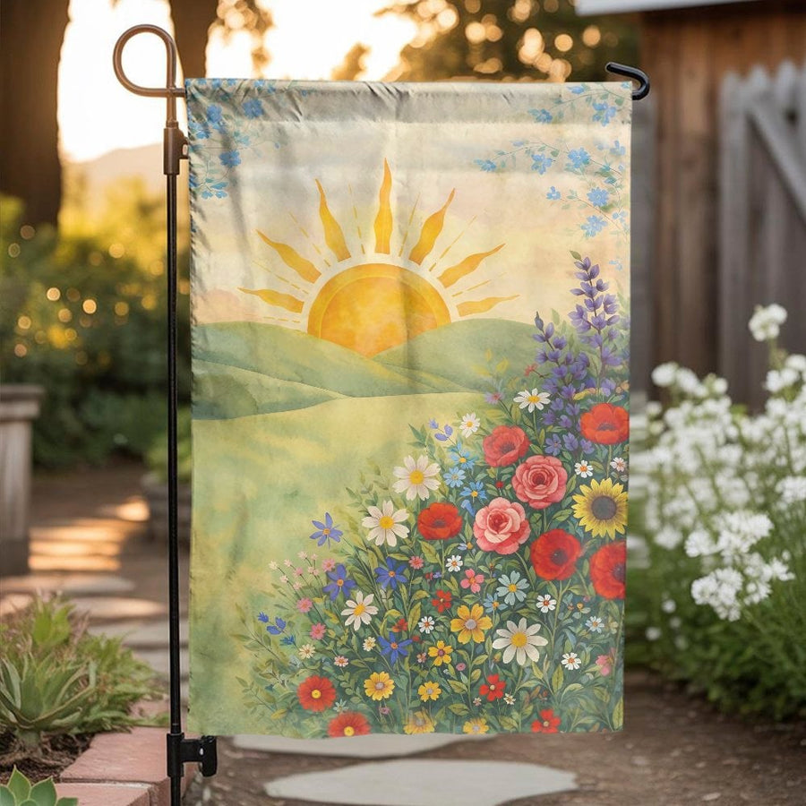 Watercolor Wildflower Garden Flag | Sunrise Over Rolling Hills Art | Premium Double Sided Polyester | Seasonal Outdoor Decor Gift