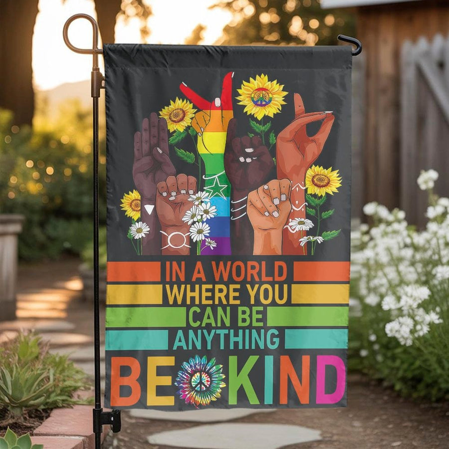Be Kind Garden Flag | In A World Diversity Hands Art | Weather Resistant Polyester | Premium LGBTQ Ally Yard Decor