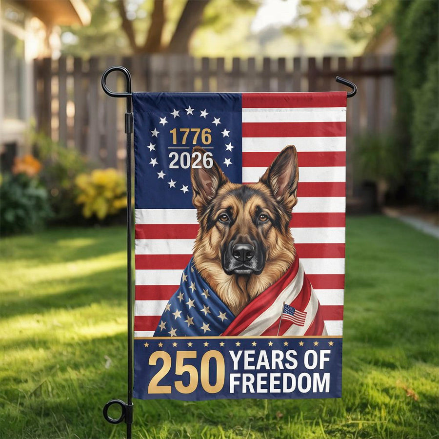 USA 250th Anniversary Garden Flag | Patriotic German Shepherd 1776-2026 Design | Weatherproof Double Sided Print | Commemorative Gift for Dog Lovers