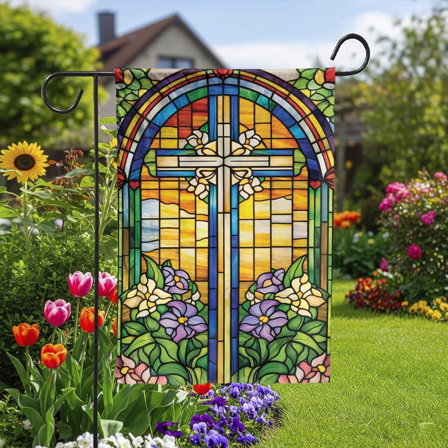 Stained Glass Christian Cross Garden Flag | Vibrant Church Window Art Print | Double-Sided Weather Resistant Fabric | Faith-Based Yard Decor Gift for Easter