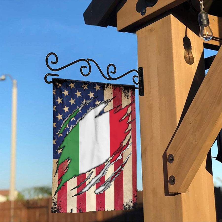 Italian American Garden Flag | Vintage Torn US Flag with Italian Roots | Weather-Resistant Yard Decor | Patriotic Gift for Italian Americans