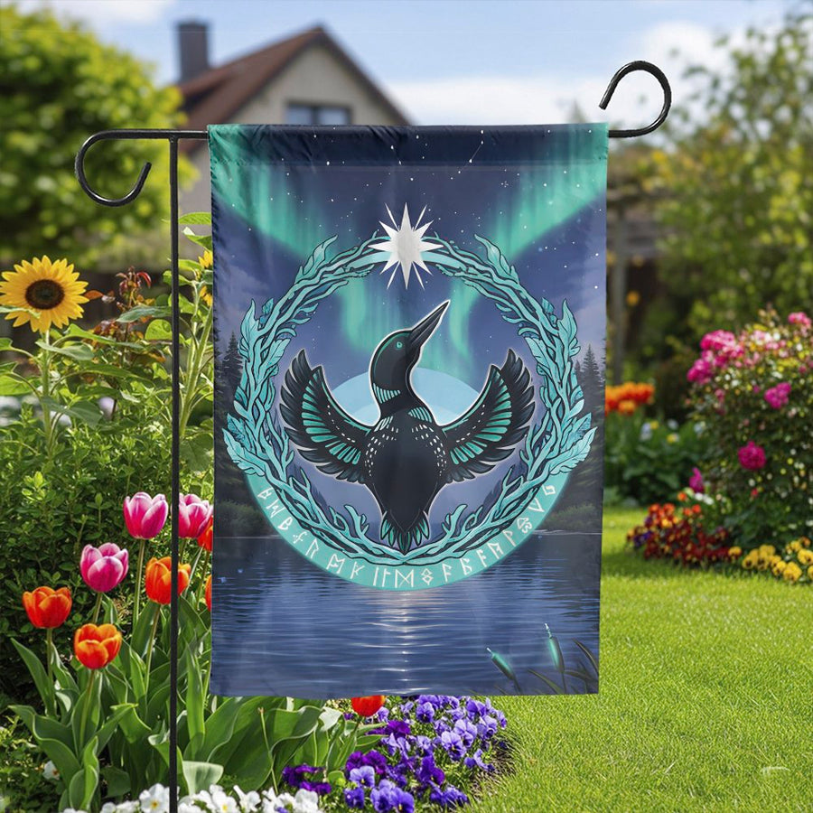 Minnesota Loon Garden Flag | Nordic Rune Art & Aurora Borealis | Double Sided Weather-Resistant Polyester | Minnesota Homeowner Yard Decor Gift