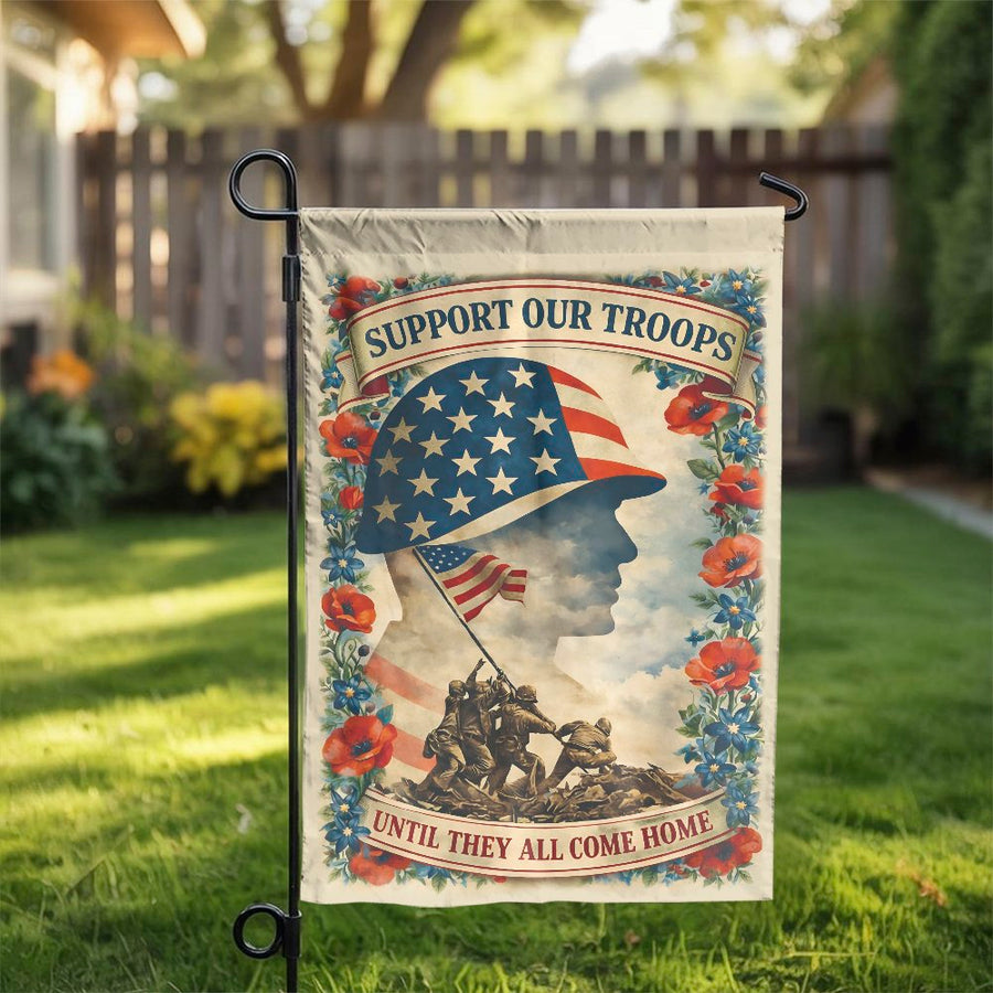 Support Our Troops Garden Flag | Vintage Military Soldier Art with Poppies | Double-Sided Polyester | Patriotic Yard Decor Gift for Veterans