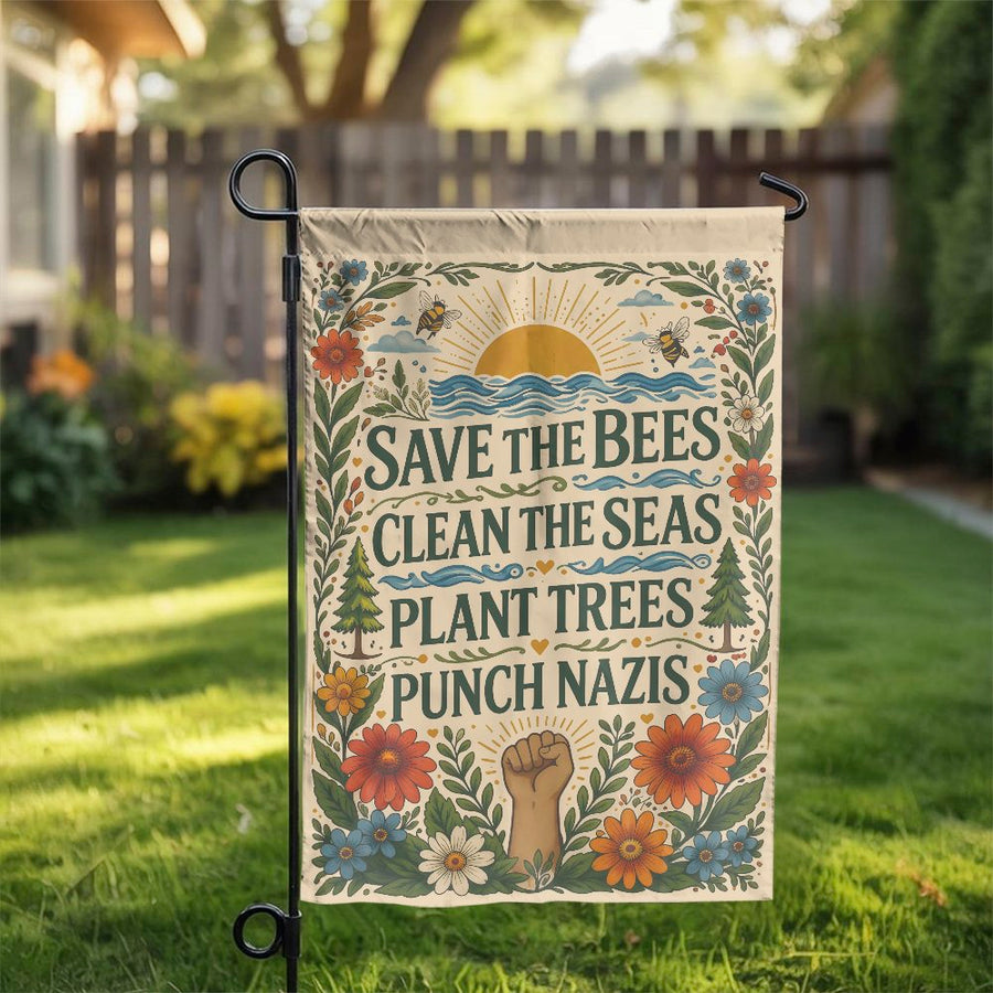 Save The Bees Garden Flag | Retro Activist Quote & Floral Art | Premium Double-Sided Fabric | Environmentalist Yard Decor Gift