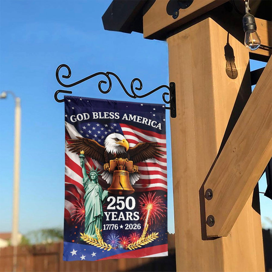 America 250th Anniversary Garden Flag | God Bless America Eagle & Liberty Bell | Double Sided Weatherproof Fabric | Patriotic Yard Decor for 2026 Celebration