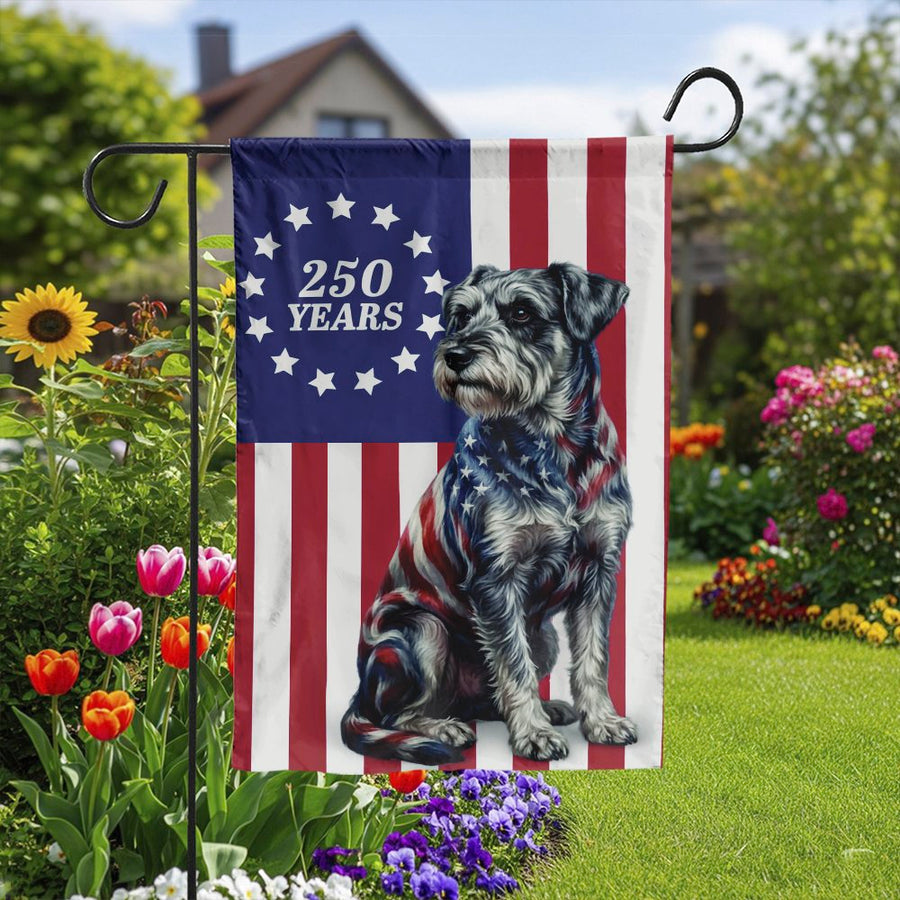 Patriotic Schnauzer Garden Flag | 250th Anniversary American Flag Design | Double Sided Weather Resistant Fabric | Gift for Dog Lover Yard Decor