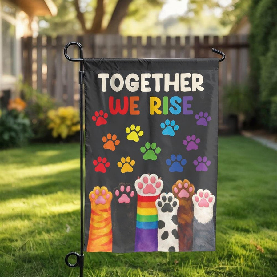 Rainbow Paw Print Garden Flag | Together We Rise Cat & Dog Paws Design | Double-Sided Polyester | LGBTQ Ally Pride Month Yard Decor Gift