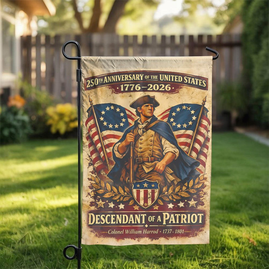 USA 250th Anniversary Garden Flag | Descendant of a Patriot Design | Weather-Resistant Polyester | Commemorative Yard Decor Gift for History Buffs