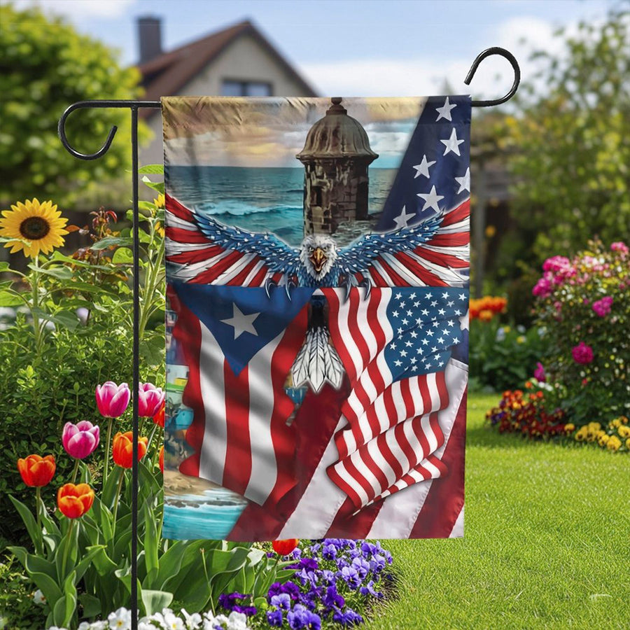 Puerto Rican American Pride Garden Flag | Patriotic Eagle Heritage Collage | Double-Sided Weather-Resistant Fabric | Outdoor Yard Decor Gift