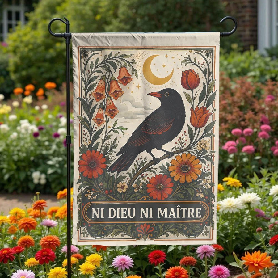 Anarchist Garden Flag | Vintage Crow with 'Ni Dieu Ni Maître' Slogan | Double Sided Polyester | Folk Art Botanical Outdoor Decor Gift