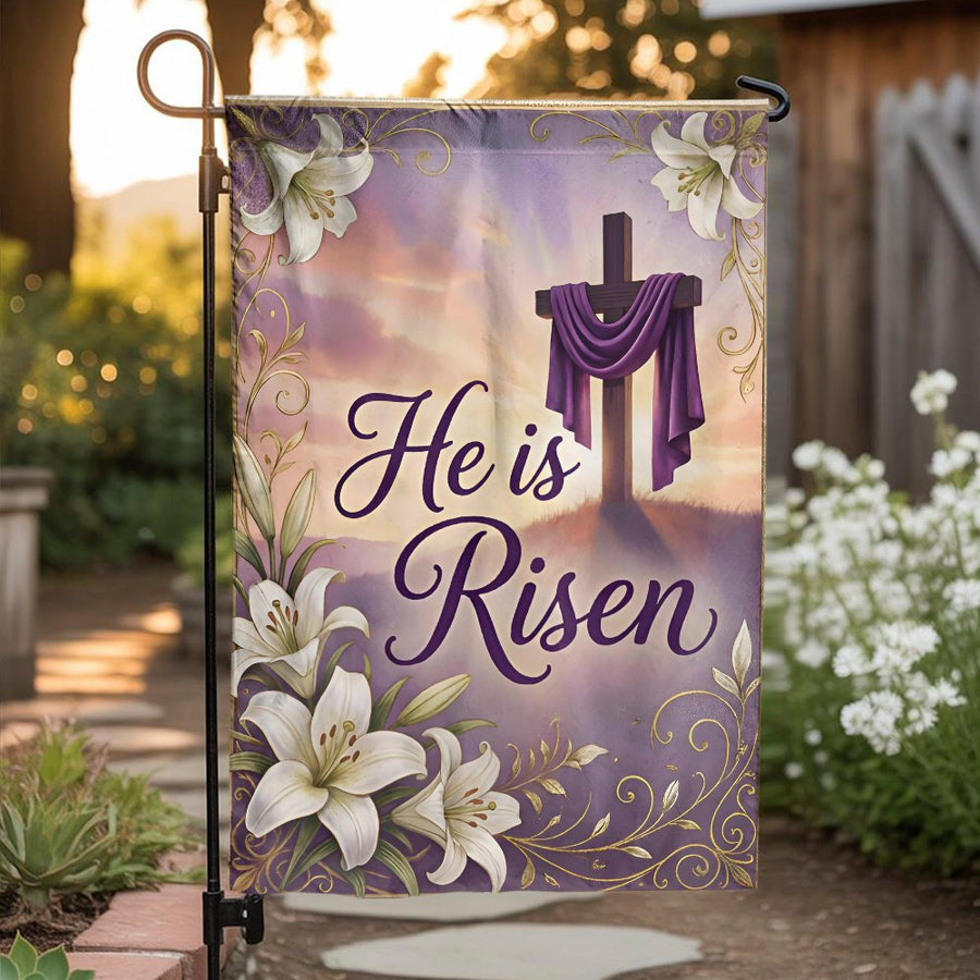 He is Risen Garden Flag | Christian Easter Cross with Lilies | Double Sided Polyester | Religious Home Decor Welcome Gift