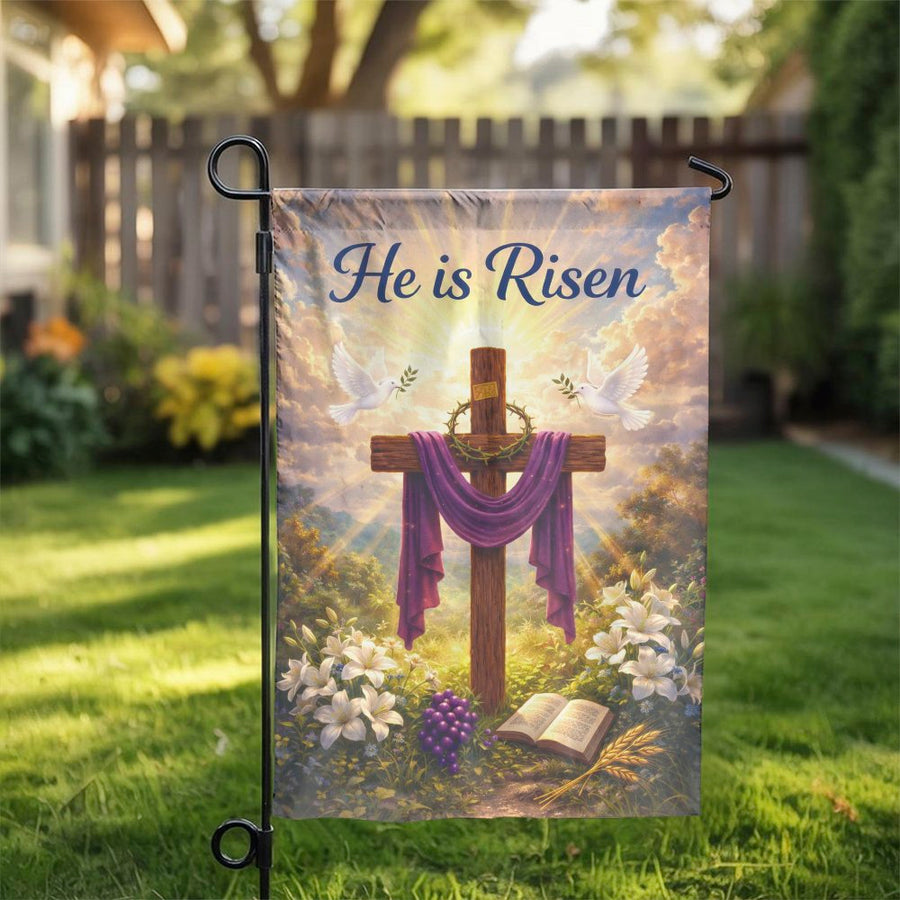 He Is Risen Garden Flag | Double Sided Christian Easter Decor | Weather Resistant Polyester | Religious Yard Art Gift