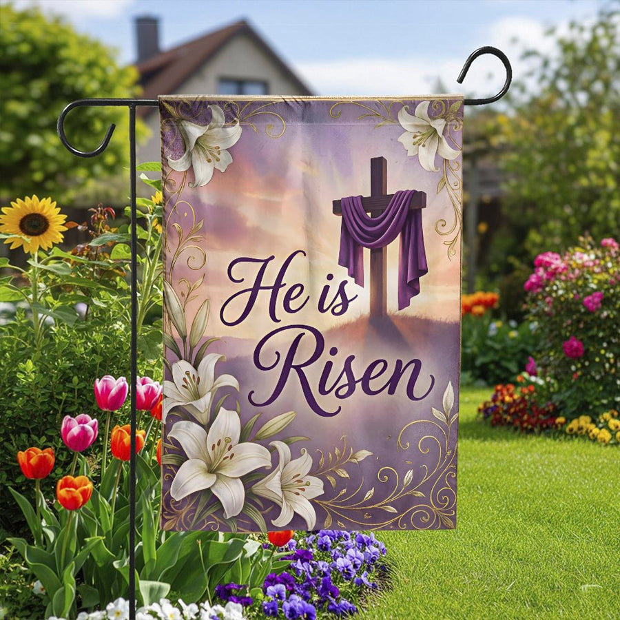 He is Risen Garden Flag | Christian Easter Cross with Lilies | Double Sided Polyester | Religious Home Decor Welcome Gift
