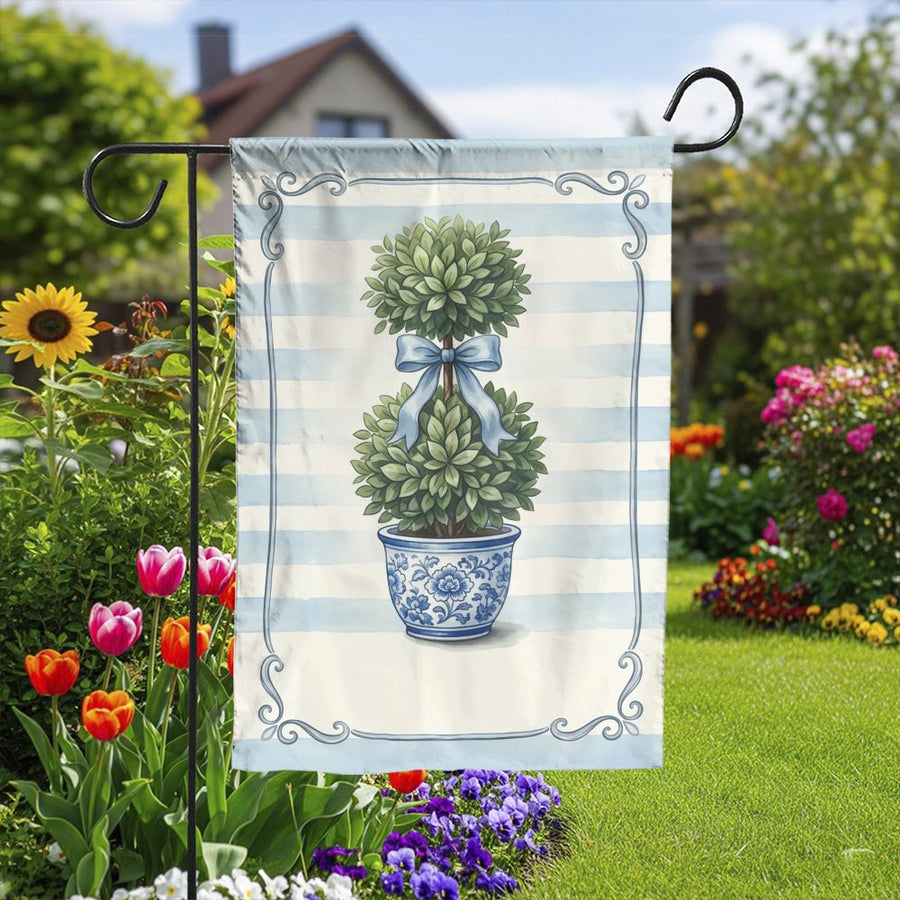 Topiary Garden Flag | Blue and White Topiary in Chinoiserie Pot | Double Sided Polyester Yard Banner | Premium Porch & Patio Decor Gift