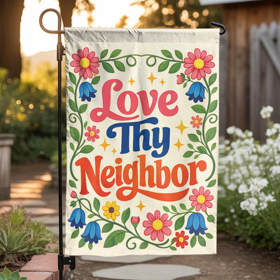 Love Thy Neighbor Garden Flag | Retro Floral Abolish ICE Sign | Weather Resistant Double Sided Fabric | Progressive Home Decor & Activist Gift