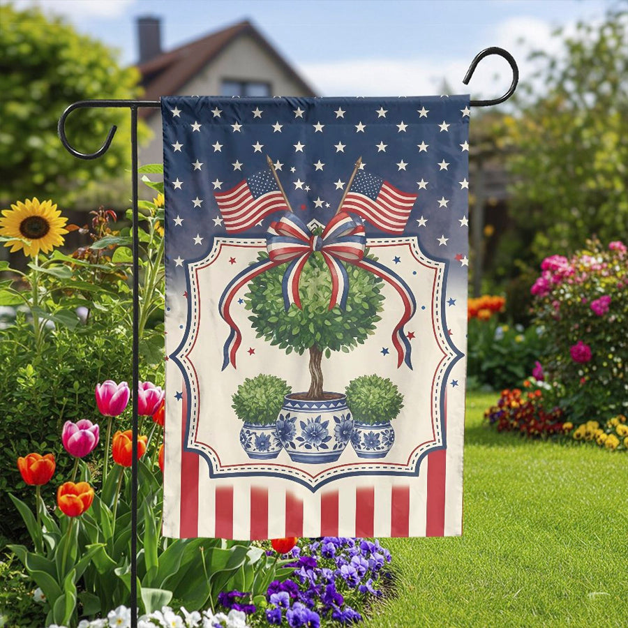 Patriotic Garden Flag | Watercolor Topiary with USA Flags | Premium Double Sided Polyester | 4th of July Memorial Day Yard Decor