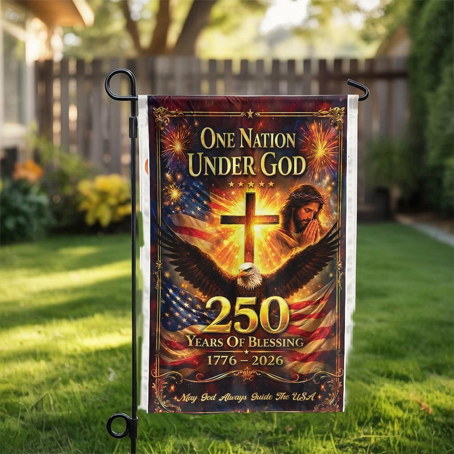 250th Anniversary Garden Flag | One Nation Under God with Jesus & Eagle | Double-Sided Polyester | Commemorative Christian Patriotic Yard Decor