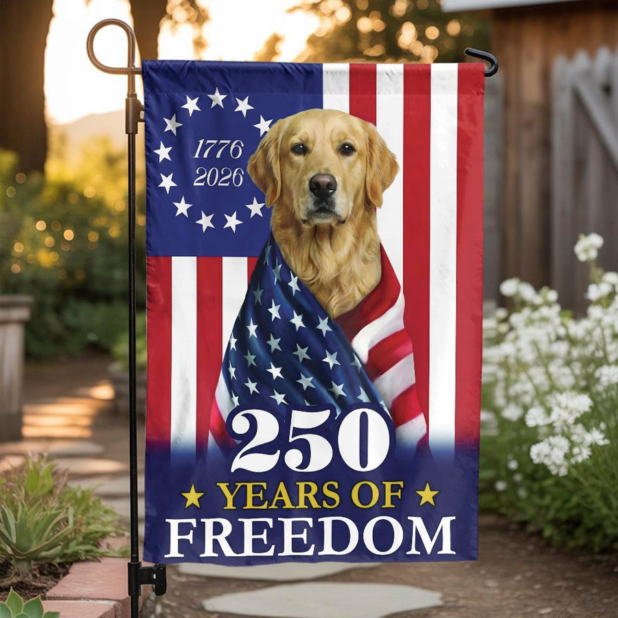 Patriotic Golden Retriever Garden Flag | 250th Anniversary 1776-2026 | Double Sided Weather Resistant Fabric | Yard Decor Gift for Dog Owners