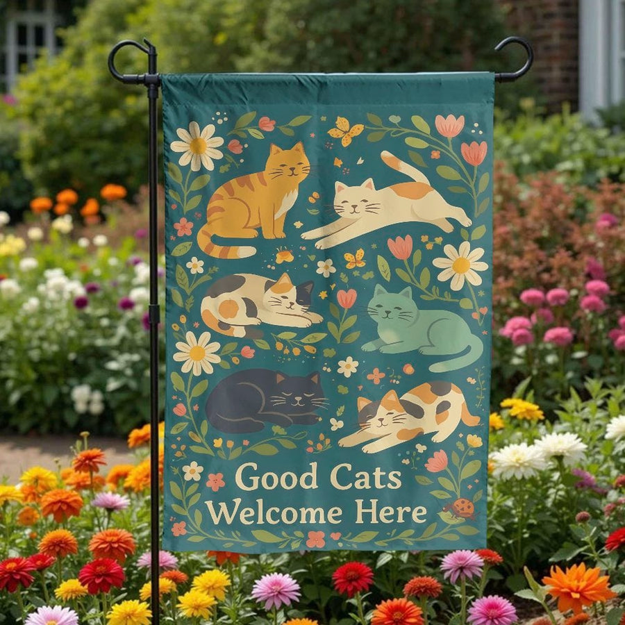 Cute Cats Garden Flag | Good Cats Welcome Here Sign | Premium Double Sided Polyester | Gift for Cat Lover Yard & Patio Decor