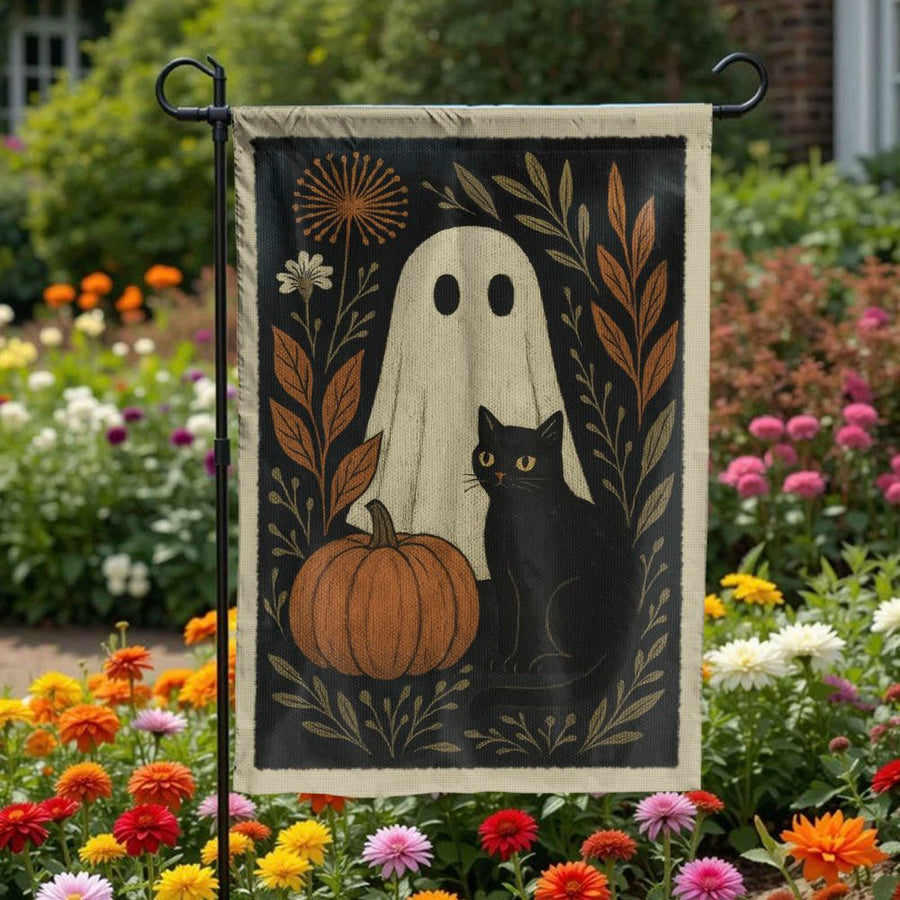 Vintage Ghost and Black Cat Garden Flag | Retro Spooky Pumpkin Illustration | Double Sided Weatherproof Polyester | Fall Yard Decor & Seasonal Gift