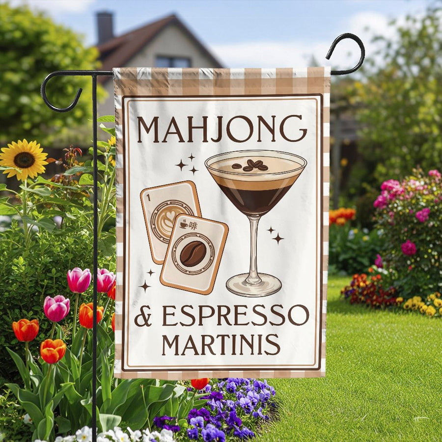 Mahjong & Espresso Martini Garden Flag | Funny Game Night Yard Art | Double Sided Weather Resistant Fabric | Unique Housewarming Gift for Cocktail Lovers