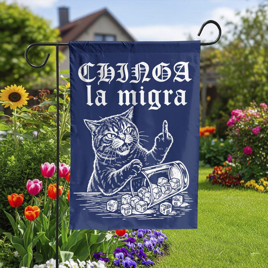 Chinga La Migra Garden Flag | Funny Cat Flipping Off ICE Design | Durable Double Sided Polyester | Political Statement Yard Decor Gift for Activist