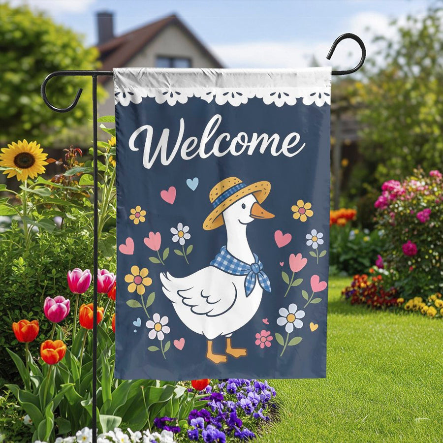 Welcome Garden Flag | Cute Goose with Straw Hat & Flowers | Weather-Resistant Polyester | Cottagecore Outdoor Yard Decor