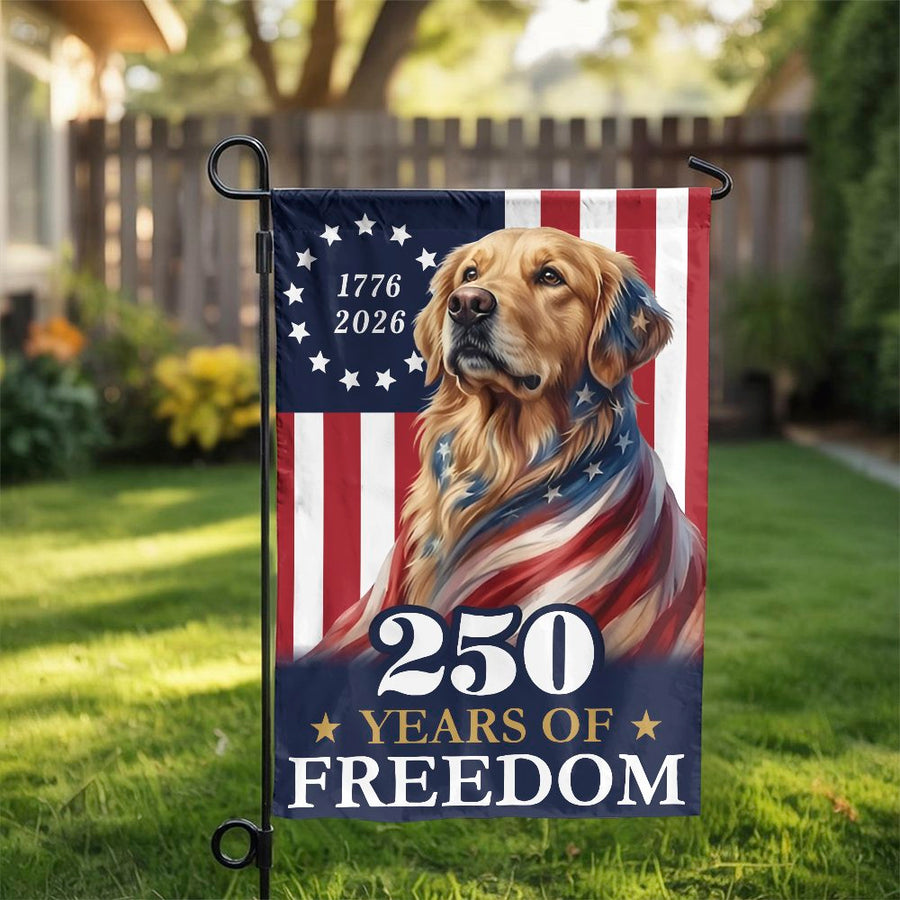 Patriotic Golden Retriever Garden Flag | 250 Years of Freedom 1776-2026 Design | Double-Sided Polyester | Commemorative Yard Decor for Dog Lovers