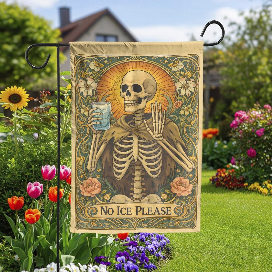 Funny Skeleton Garden Flag | Art Nouveau 'No Ice Please' Design | Weather Resistant Double Sided Polyester | Unique Gothic Yard Art & Bartender Gift