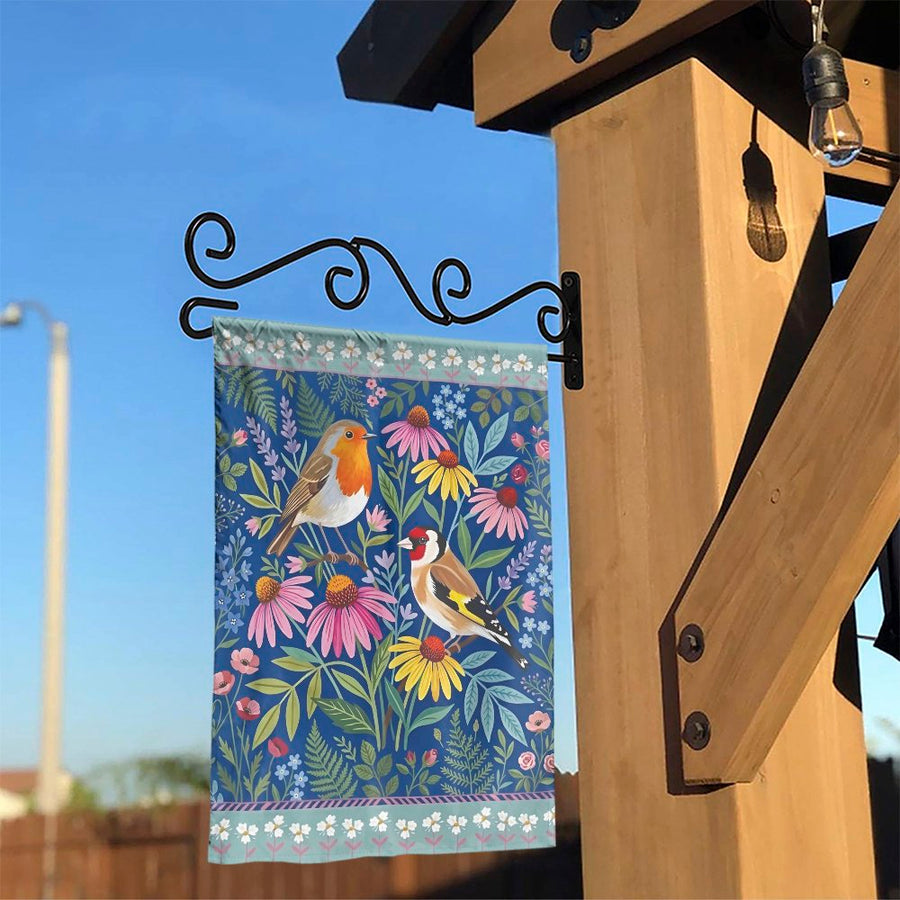 Robin and Goldfinch Garden Flag | Vintage Botanical Illustration Print | Double Sided Weatherproof Polyester | Spring Yard Decor for Bird Lovers