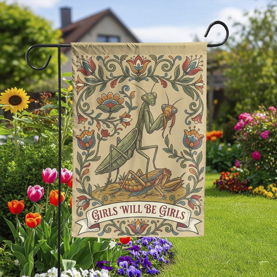 Praying Mantis Garden Flag | Funny "Girls Will Be Girls" Quote | Vintage Floral Insect Art | Double Sided Yard Decor Gift for Her