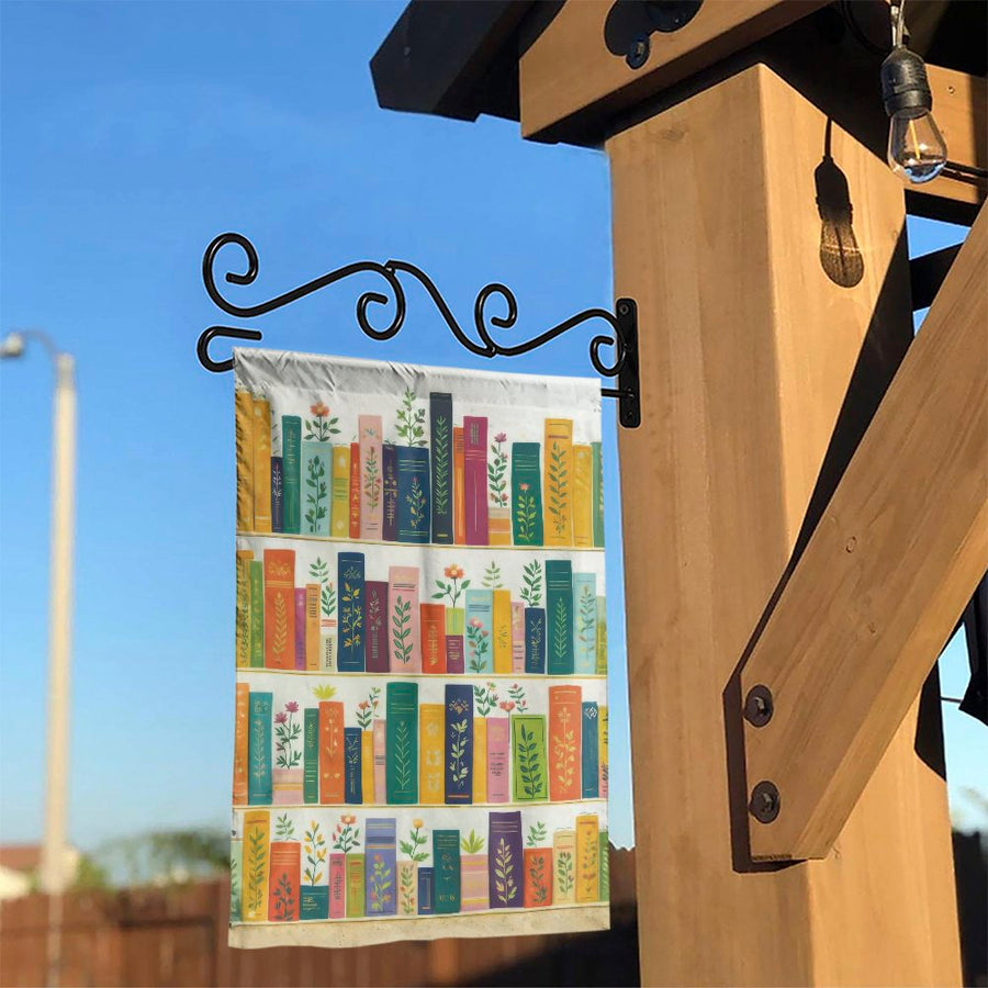Floral Bookshelf Garden Flag | Double-Sided Botanical Bookshelf Art | Weather-Resistant Polyester | Gift for Book Lovers & Gardeners