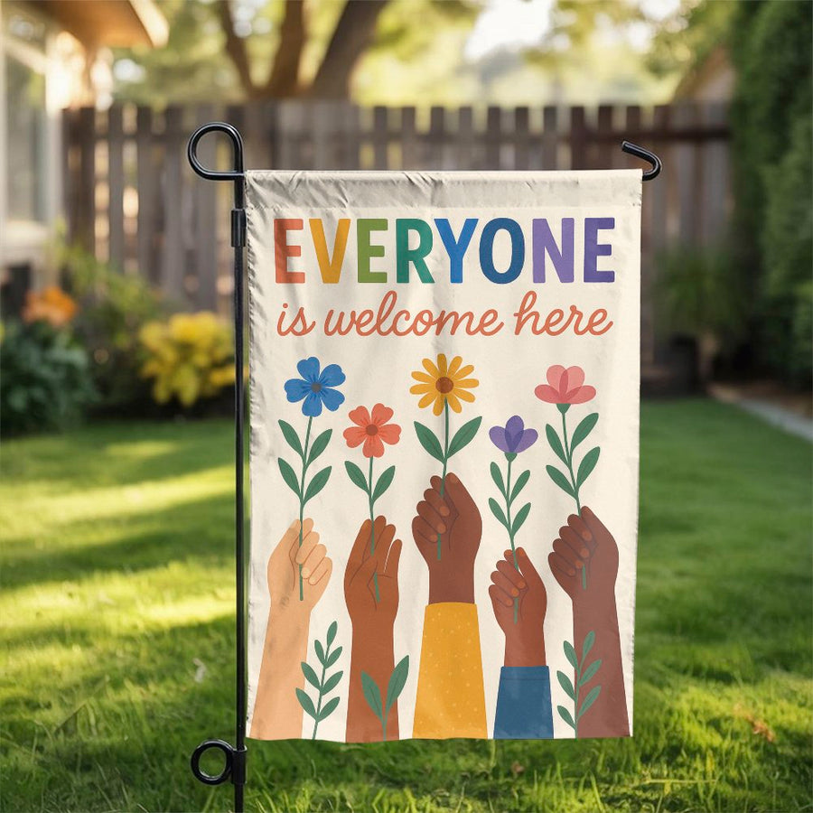 Everyone is Welcome Garden Flag | Rainbow Diversity and Inclusion Design | Double-Sided Weather-Resistant Fabric | Inclusive Yard Decor Gift