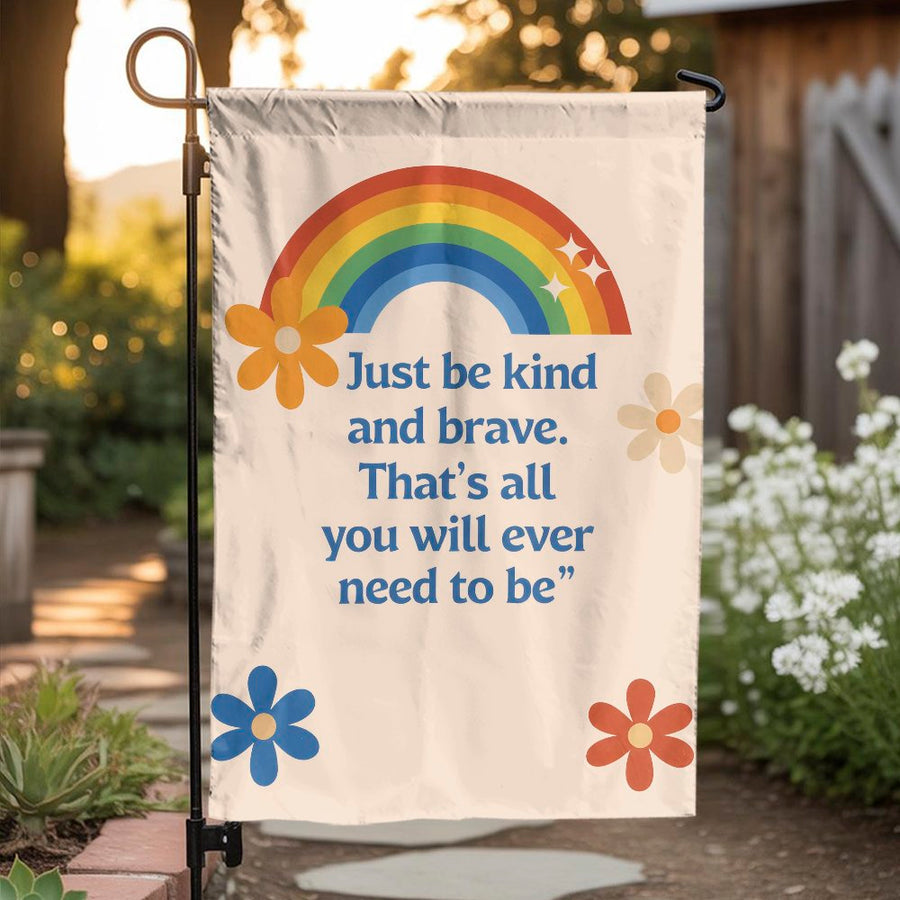 Kind and Brave Garden Flag | Retro Rainbow Inspirational Quote | Double Sided Weather-Resistant Polyester | Premium Outdoor Decor for Yard & Patio