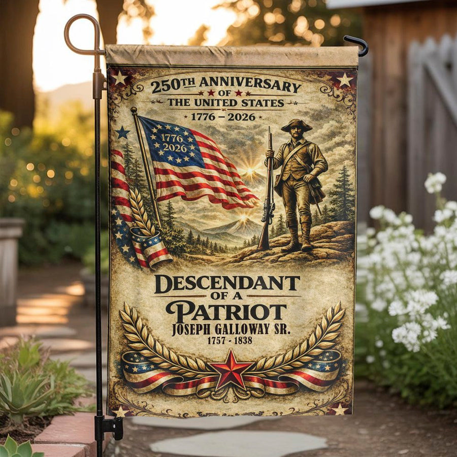 250th Anniversary Garden Flag | Descendant of a Patriot Design | Weather Resistant Polyester | Collector's Gift for History Buffs