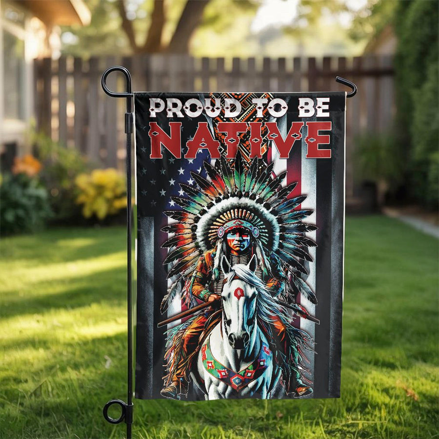 Proud To Be Native Garden Flag | American Flag Warrior on Horse | Weather Resistant Polyester | Indigenous Pride Outdoor Decor Gift