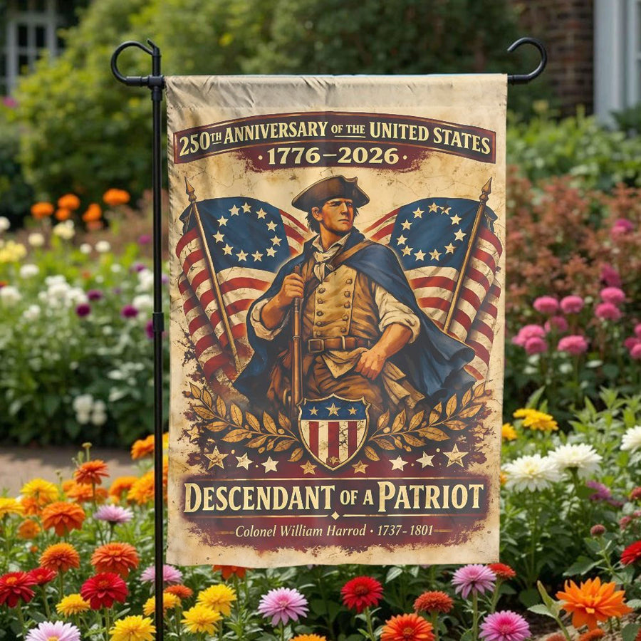 USA 250th Anniversary Garden Flag | Descendant of a Patriot Design | Weather-Resistant Polyester | Commemorative Yard Decor Gift for History Buffs
