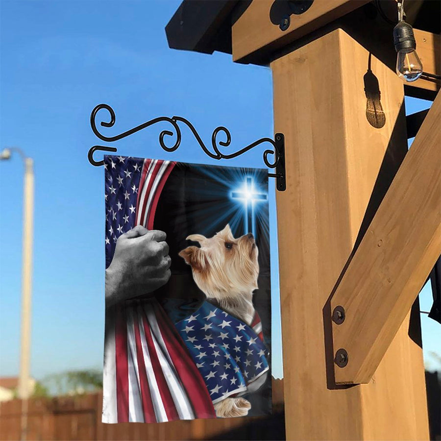 Patriotic Yorkie Garden Flag | Christian Cross & American Flag Design | Double Sided Premium Polyester | Memorial Gift for Dog Lovers