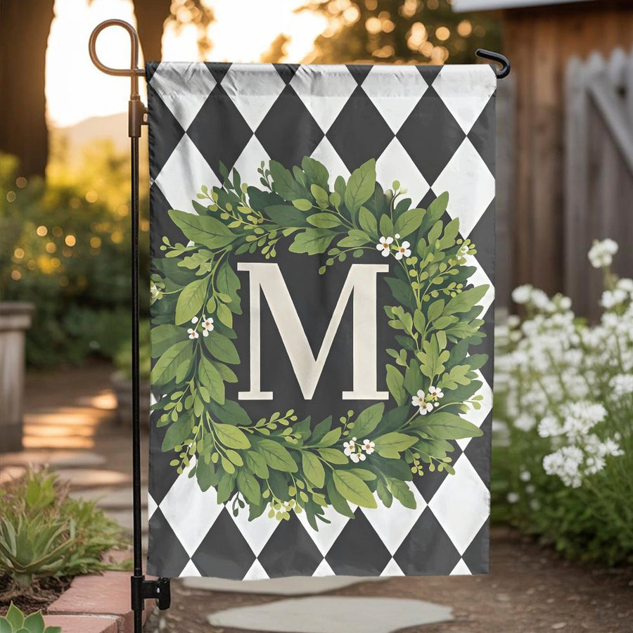 Monogram Garden Flag | Letter M Greenery Wreath & Harlequin Design | Double Sided Polyester | Outdoor Yard Decor Gift