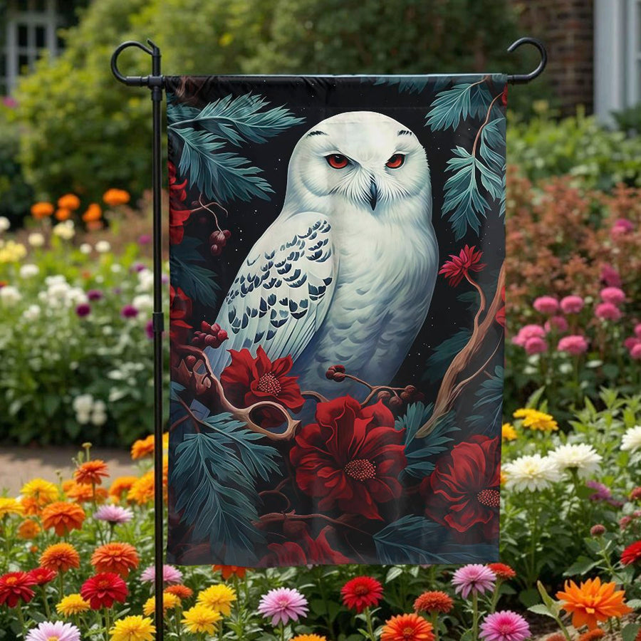 Majestic Snowy Owl Garden Flag | Winter Bird with Red Flowers | Double Sided Weather Resistant Fabric | Premium Yard Decor for Nature Lovers