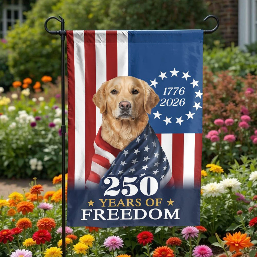 Patriotic Golden Retriever Garden Flag | 250 Years of Freedom Design | Weather-Resistant Double Sided | Commemorative Yard Decor for Dog Lovers