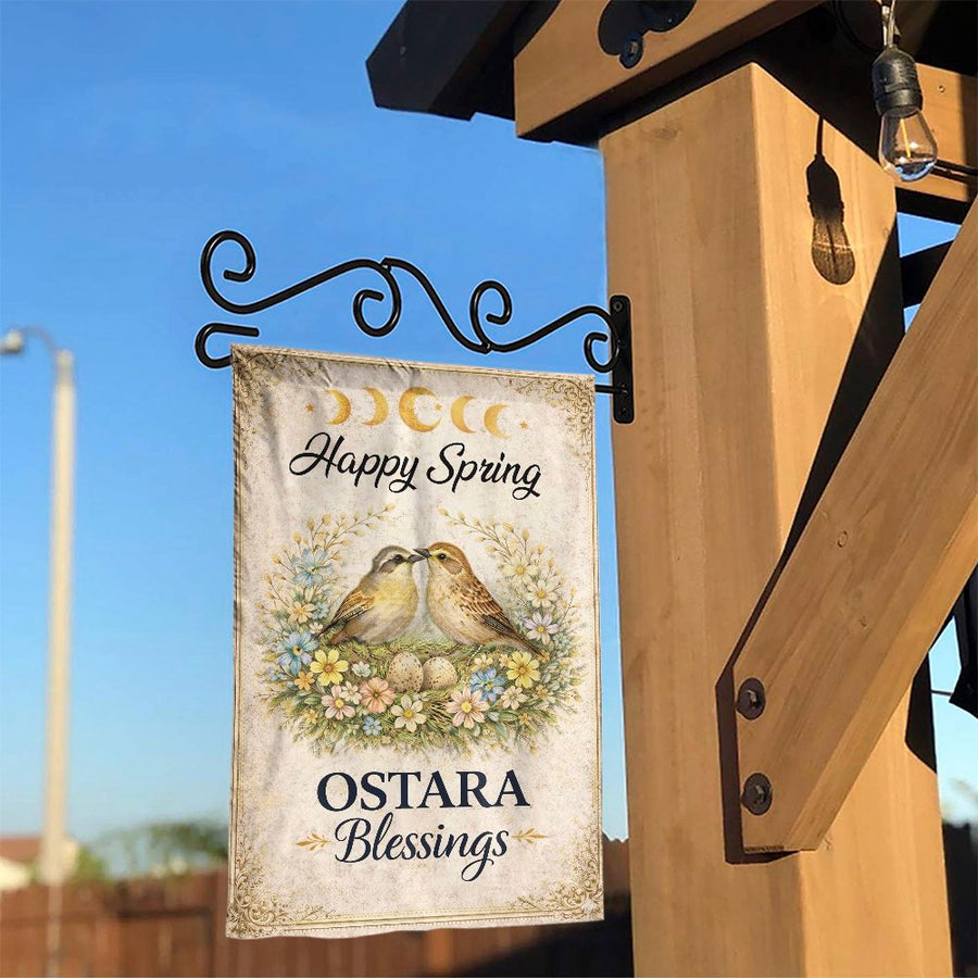 Ostara Garden Flag | Happy Spring Birds Nest with Moon Phases | Premium Weather Resistant Polyester | Wiccan Sabbat Home Decor Gift